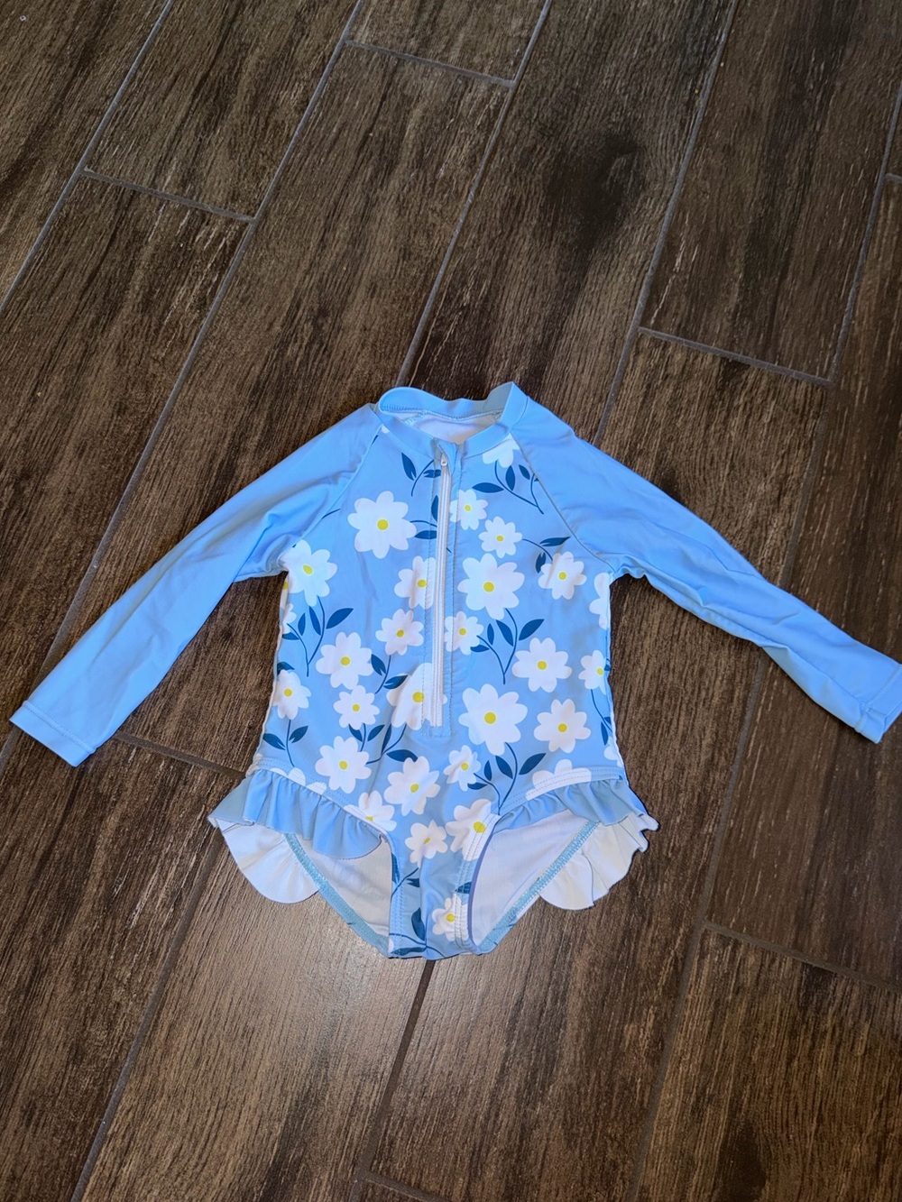 SHEIN Light Blue Floral Long-Sleeve One-Piece Swimsuit